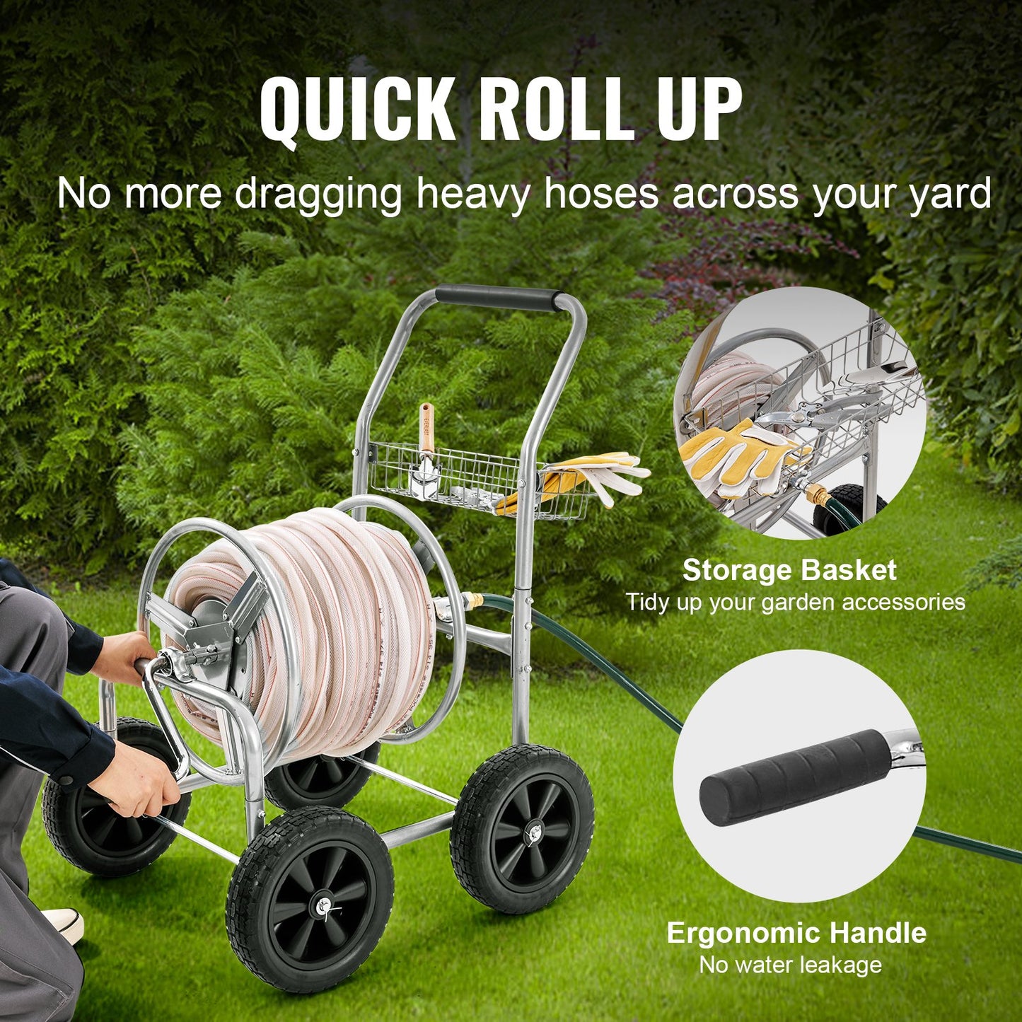 VEVOR Hose Reel Cart 300ft. Heavy Duty Garden Water Yard Planting w/ Basket