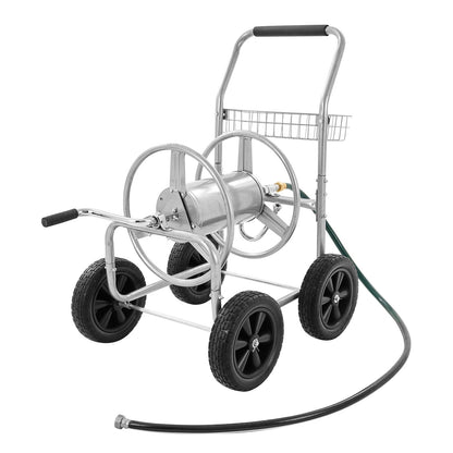 Heavy Duty Garden Hose Reel Cart with Basket, 91m Capacity, 4-Wheel Design