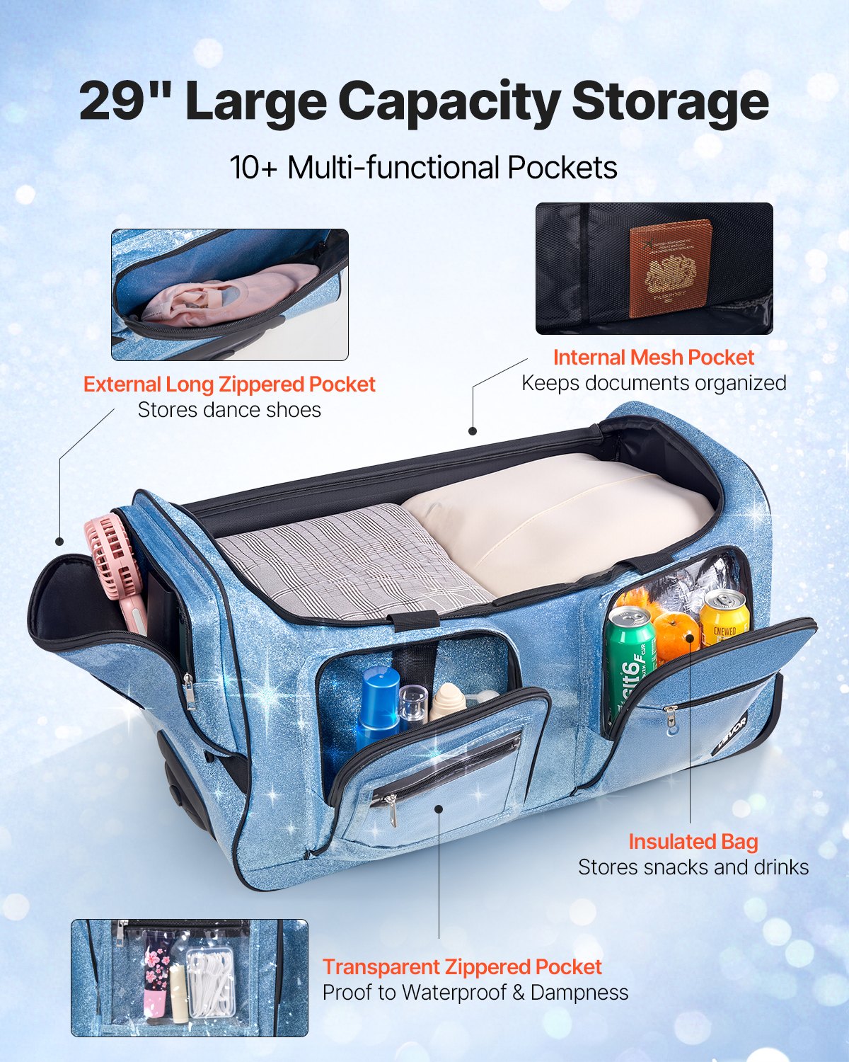 Dance Bag with Garment Rack, 736.6 mm Rolling Dance Duffel, with Wheels, USB Port, Height Adjustable Clothes Rack, Privacy Protection Curtain, Ideal for Travel and Competitions, Sparkling Blue