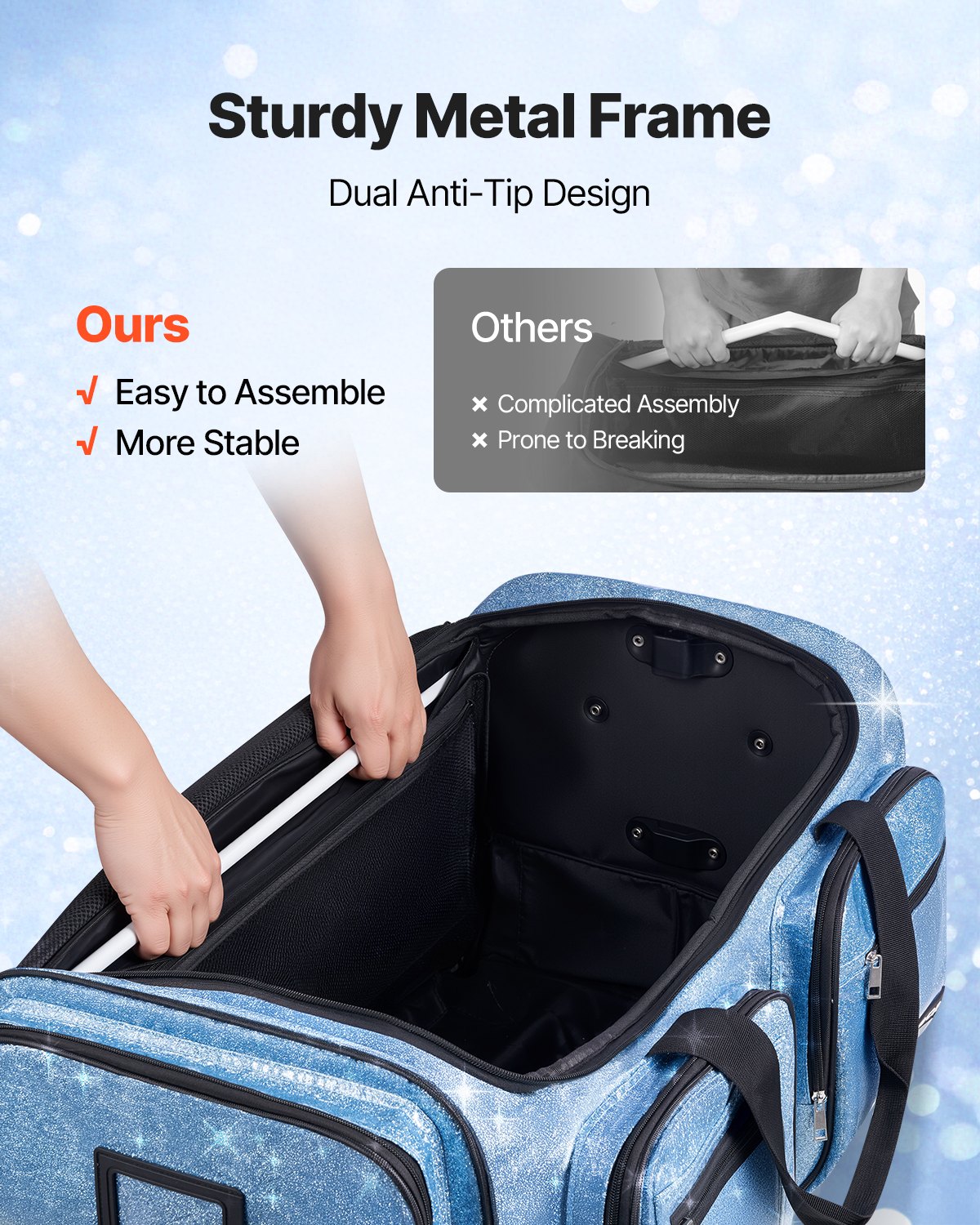 Dance Bag with Garment Rack, 736.6 mm Rolling Dance Duffel, with Wheels, USB Port, Height Adjustable Clothes Rack, Privacy Protection Curtain, Ideal for Travel and Competitions, Sparkling Blue
