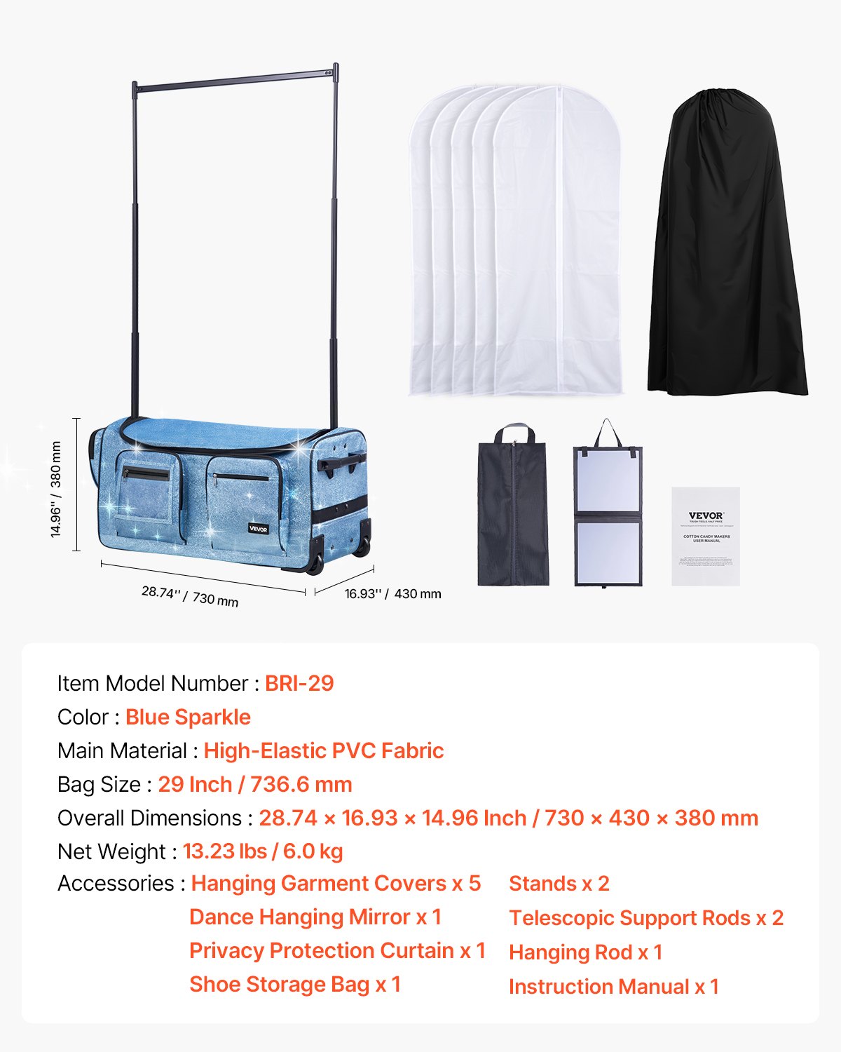 Dance Bag with Garment Rack, 736.6 mm Rolling Dance Duffel, with Wheels, USB Port, Height Adjustable Clothes Rack, Privacy Protection Curtain, Ideal for Travel and Competitions, Sparkling Blue