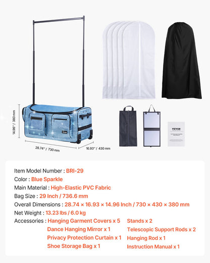 Dance Bag with Garment Rack, 736.6 mm Rolling Dance Duffel, with Wheels, USB Port, Height Adjustable Clothes Rack, Privacy Protection Curtain, Ideal for Travel and Competitions, Sparkling Blue