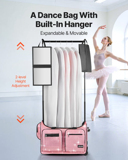 Dance Bag with Garment Rack, 584.2 mm Rolling Dance Duffel, with Wheels, USB Port, Height Adjustable Clothes Rack, Privacy Protection Curtain, Ideal for Travel and Competitions, Sparkling Pink