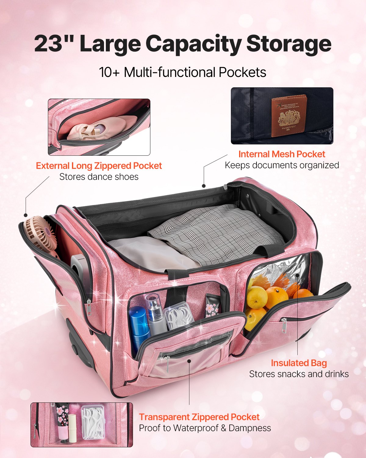 Dance Bag with Garment Rack, 584.2 mm Rolling Dance Duffel, with Wheels, USB Port, Height Adjustable Clothes Rack, Privacy Protection Curtain, Ideal for Travel and Competitions, Sparkling Pink
