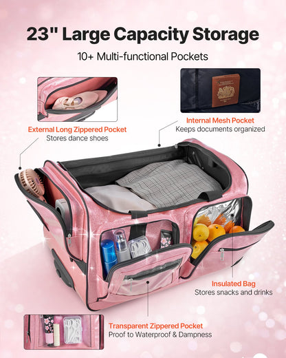 Dance Bag with Garment Rack, 584.2 mm Rolling Dance Duffel, with Wheels, USB Port, Height Adjustable Clothes Rack, Privacy Protection Curtain, Ideal for Travel and Competitions, Sparkling Pink