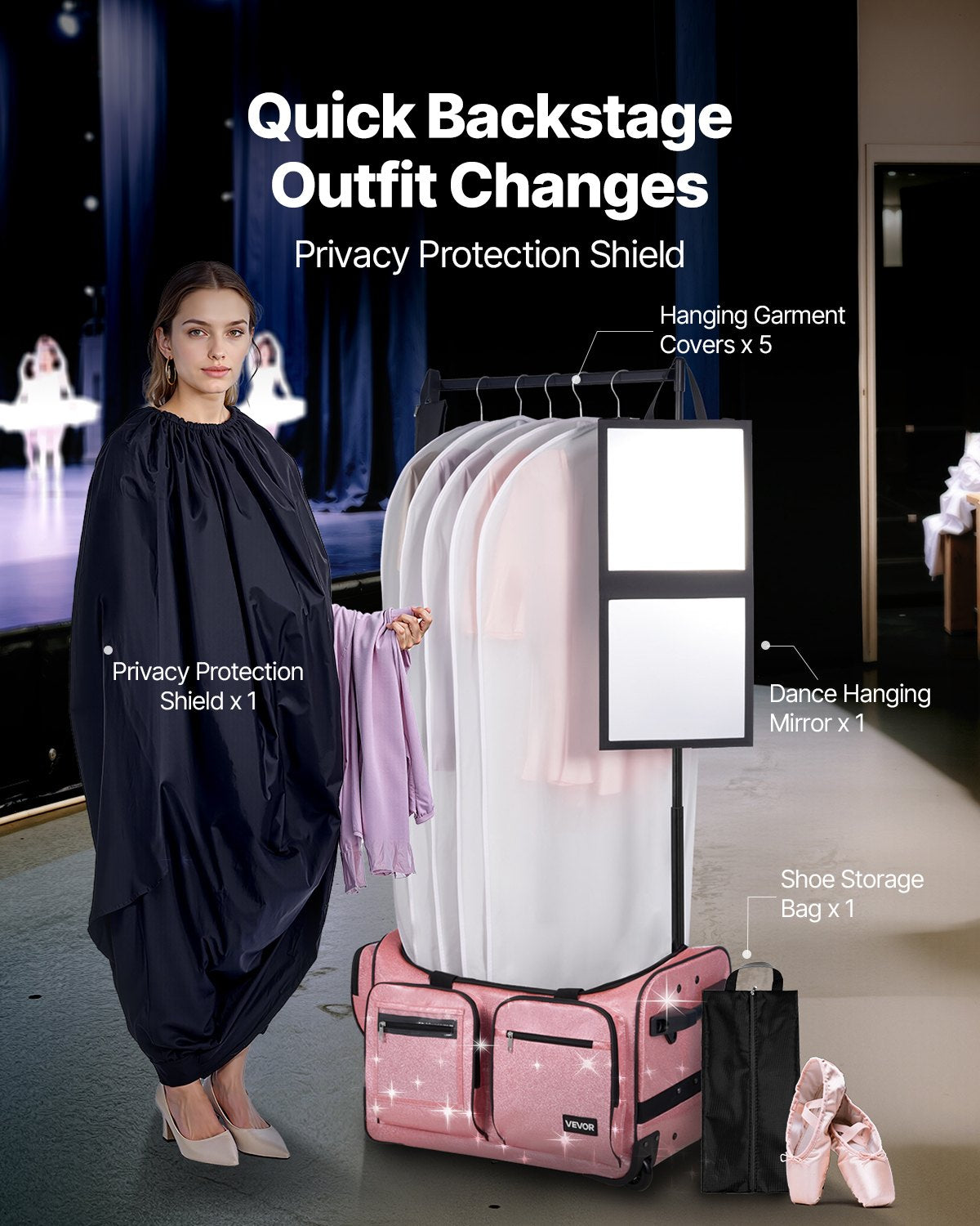 Dance Bag with Garment Rack, 584.2 mm Rolling Dance Duffel, with Wheels, USB Port, Height Adjustable Clothes Rack, Privacy Protection Curtain, Ideal for Travel and Competitions, Sparkling Pink