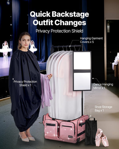 Dance Bag with Garment Rack, 584.2 mm Rolling Dance Duffel, with Wheels, USB Port, Height Adjustable Clothes Rack, Privacy Protection Curtain, Ideal for Travel and Competitions, Sparkling Pink