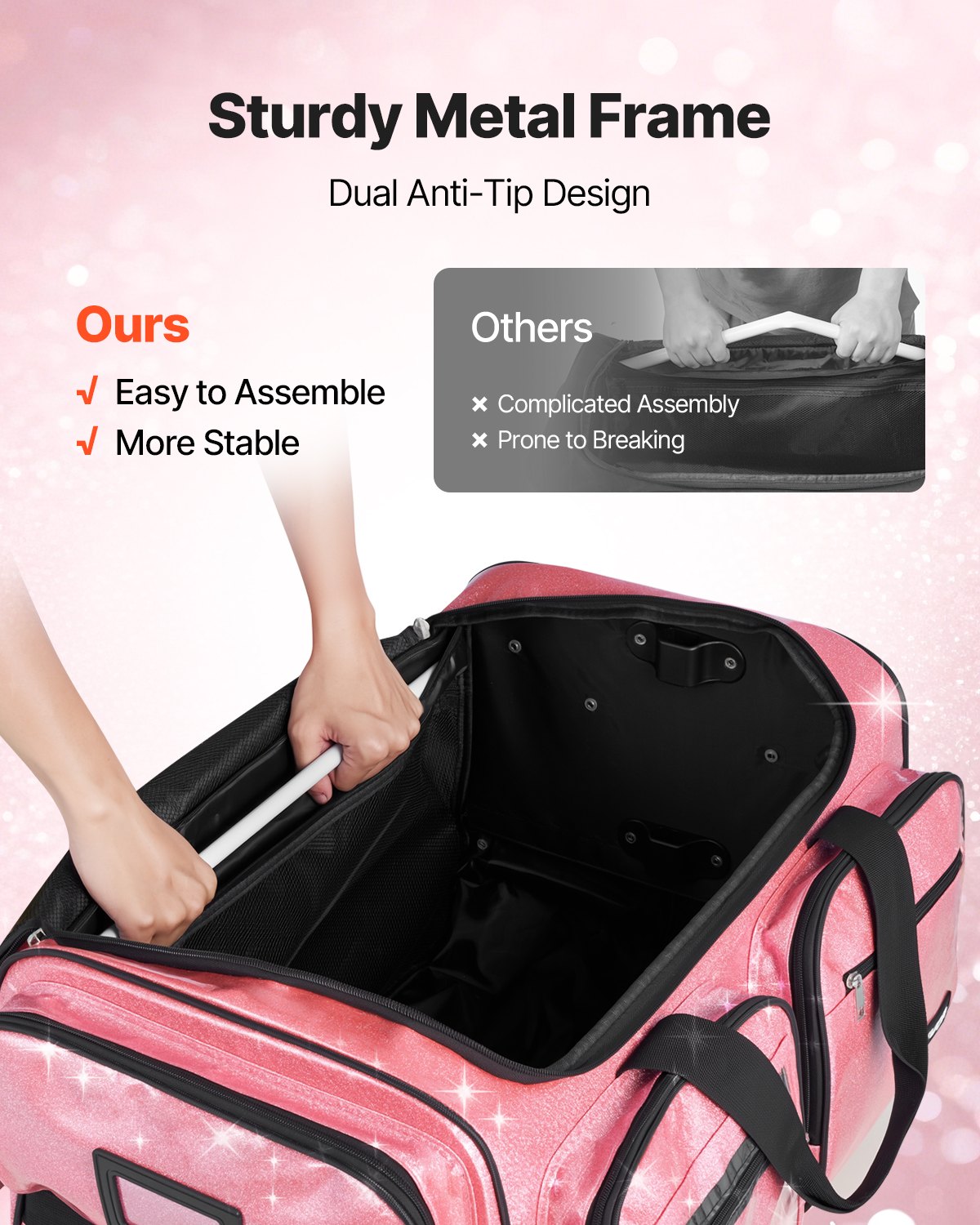 Dance Bag with Garment Rack, 584.2 mm Rolling Dance Duffel, with Wheels, USB Port, Height Adjustable Clothes Rack, Privacy Protection Curtain, Ideal for Travel and Competitions, Sparkling Pink