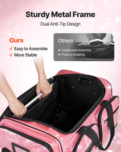 Dance Bag with Garment Rack, 584.2 mm Rolling Dance Duffel, with Wheels, USB Port, Height Adjustable Clothes Rack, Privacy Protection Curtain, Ideal for Travel and Competitions, Sparkling Pink