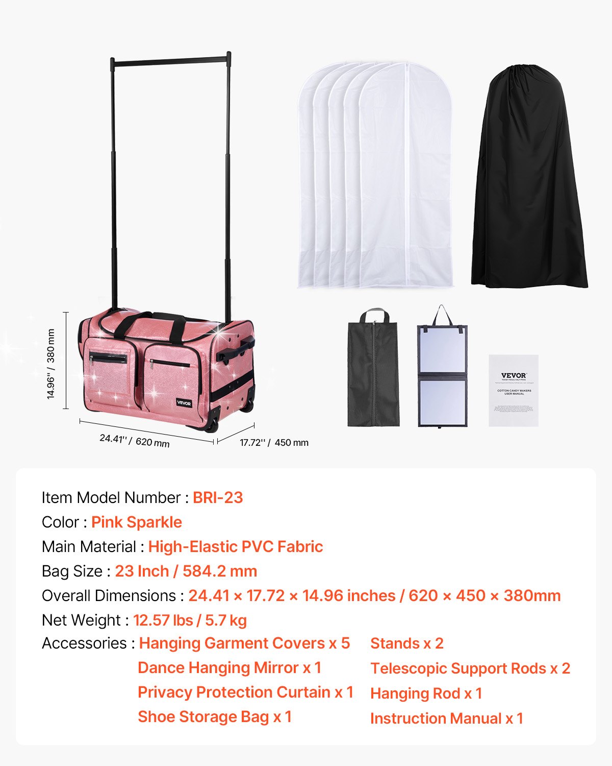 Dance Bag with Garment Rack, 584.2 mm Rolling Dance Duffel, with Wheels, USB Port, Height Adjustable Clothes Rack, Privacy Protection Curtain, Ideal for Travel and Competitions, Sparkling Pink