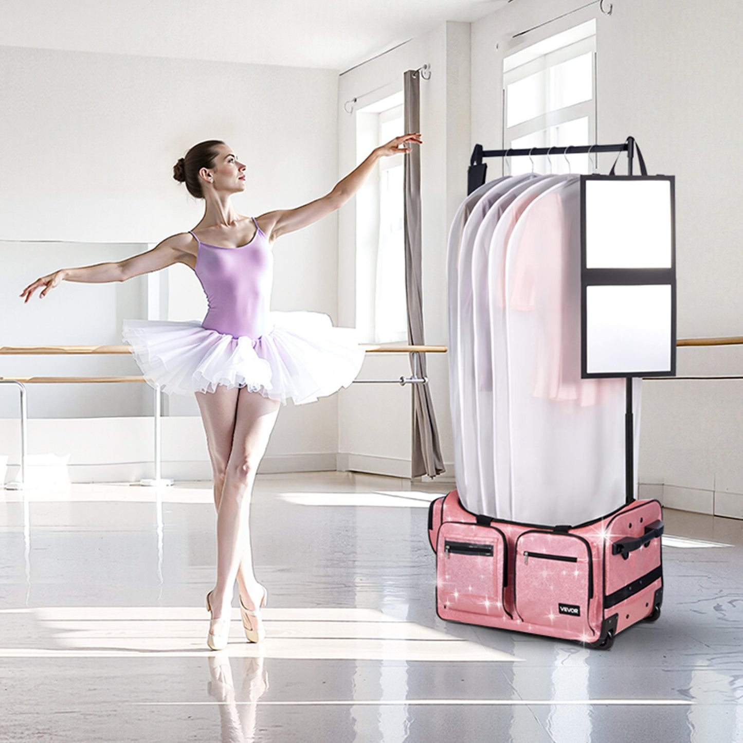 Dance Bag with Garment Rack, 584.2 mm Rolling Dance Duffel, with Wheels, USB Port, Height Adjustable Clothes Rack, Privacy Protection Curtain, Ideal for Travel and Competitions, Sparkling Pink