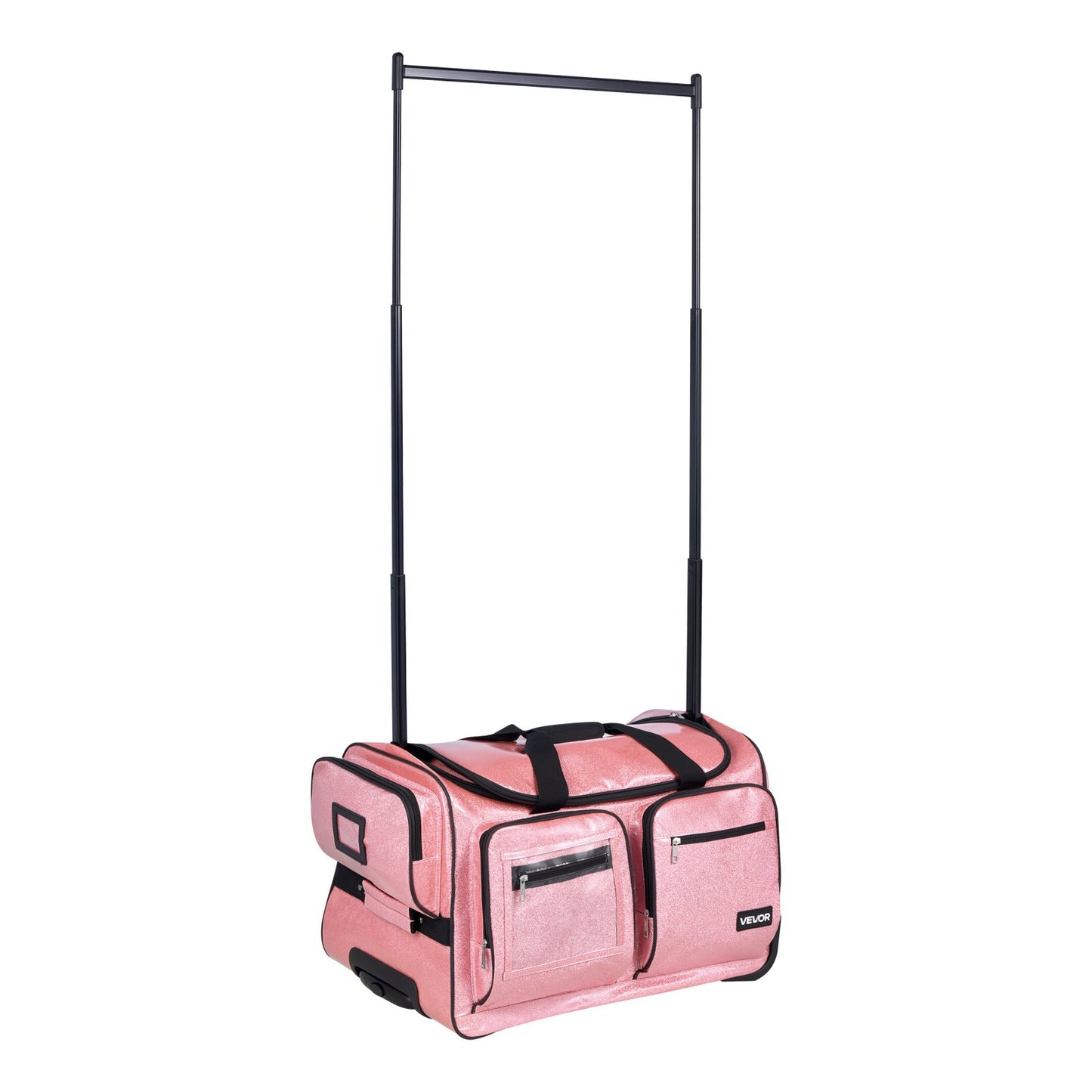 Dance Bag with Garment Rack, 584.2 mm Rolling Dance Duffel, with Wheels, USB Port, Height Adjustable Clothes Rack, Privacy Protection Curtain, Ideal for Travel and Competitions, Sparkling Pink