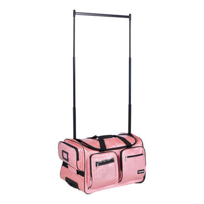 Dance Bag with Garment Rack, 584.2 mm Rolling Dance Duffel, with Wheels, USB Port, Height Adjustable Clothes Rack, Privacy Protection Curtain, Ideal for Travel and Competitions, Sparkling Pink