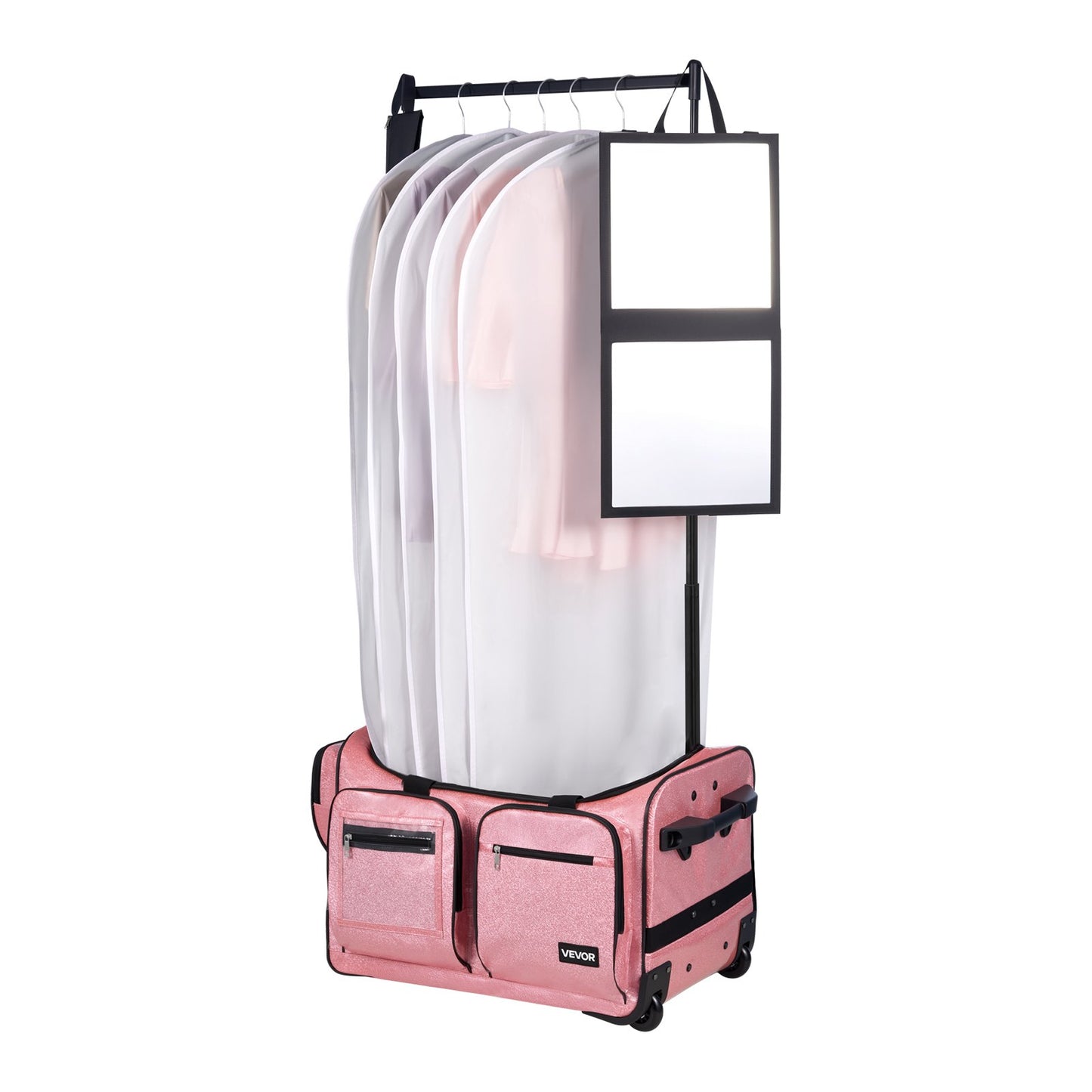Dance Bag with Garment Rack, 584.2 mm Rolling Dance Duffel, with Wheels, USB Port, Height Adjustable Clothes Rack, Privacy Protection Curtain, Ideal for Travel and Competitions, Sparkling Pink