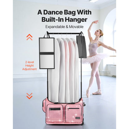 VEVOR 23 Inch Dance Bag with Garment Rack Rolling Dance Duffle for Travel Pink