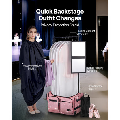 VEVOR 23 Inch Dance Bag with Garment Rack Rolling Dance Duffle for Travel Pink