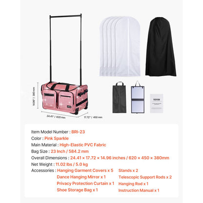 VEVOR 23 Inch Dance Bag with Garment Rack Rolling Dance Duffle for Travel Pink