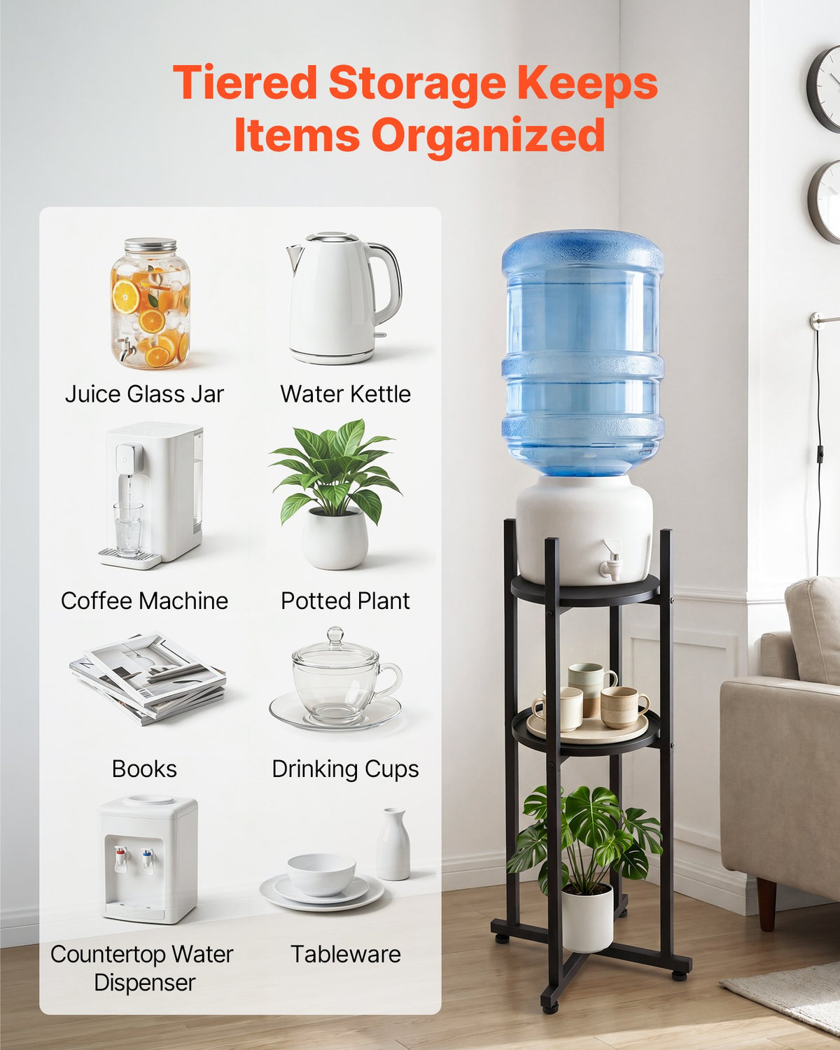 Water Dispenser Stand, 2 Tiers Water Jug Holder for 1 Bottle, Heavy Duty Jug Rack Organizer with Detachable Storage Shelf, Cross-Shaped Stable Base, for Kitchen, Office, Living Room, Black