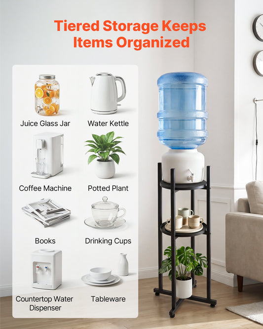 Water Dispenser Stand, 2 Tiers Water Jug Holder for 1 Bottle, Heavy Duty Jug Rack Organizer with Detachable Storage Shelf, Cross-Shaped Stable Base, for Kitchen, Office, Living Room, Black