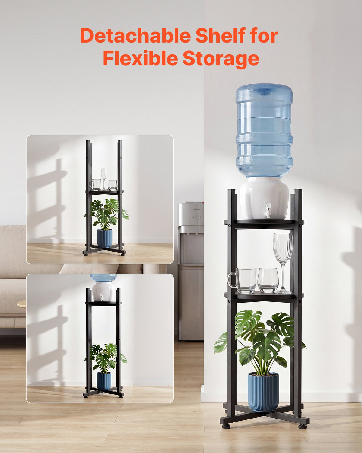 Water Dispenser Stand, 2 Tiers Water Jug Holder for 1 Bottle, Heavy Duty Jug Rack Organizer with Detachable Storage Shelf, Cross-Shaped Stable Base, for Kitchen, Office, Living Room, Black