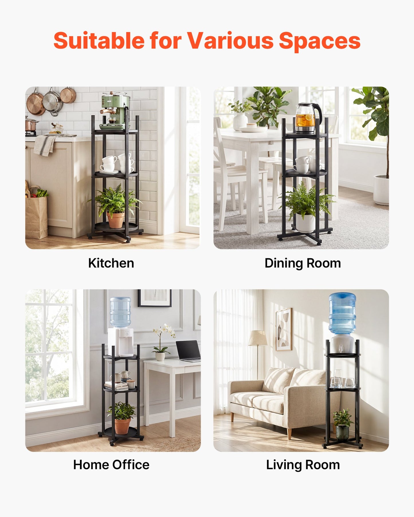 Water Dispenser Stand, 2 Tiers Water Jug Holder for 1 Bottle, Heavy Duty Jug Rack Organizer with Detachable Storage Shelf, Cross-Shaped Stable Base, for Kitchen, Office, Living Room, Black