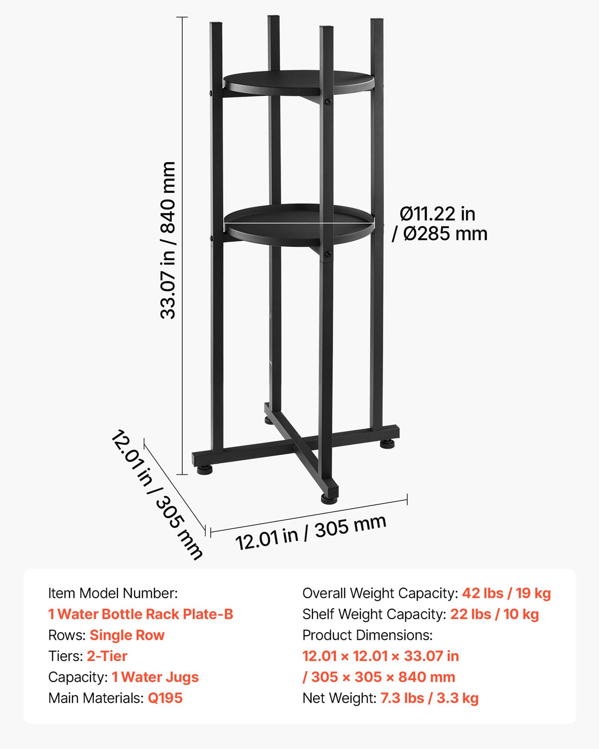 Water Dispenser Stand, 2 Tiers Water Jug Holder for 1 Bottle, Heavy Duty Jug Rack Organizer with Detachable Storage Shelf, Cross-Shaped Stable Base, for Kitchen, Office, Living Room, Black