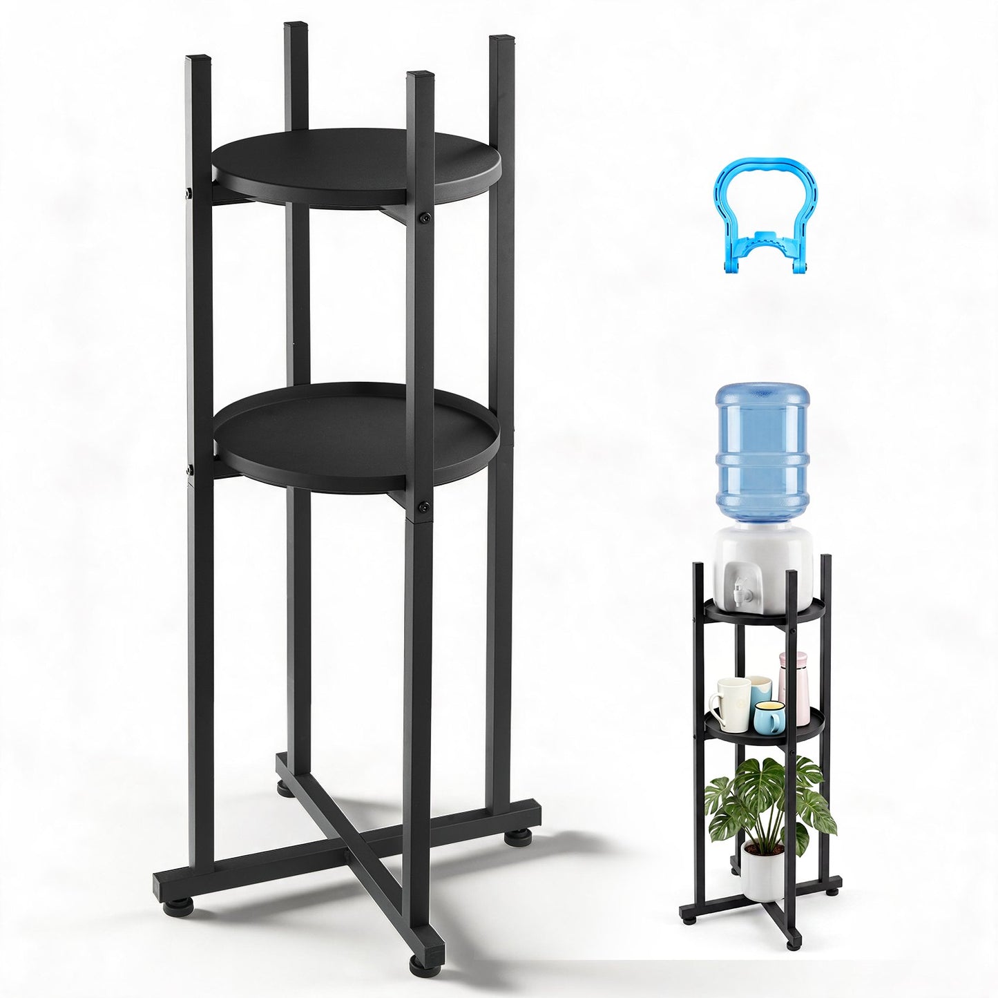 Water Dispenser Stand, 2 Tiers Water Jug Holder for 1 Bottle, Heavy Duty Jug Rack Organizer with Detachable Storage Shelf, Cross-Shaped Stable Base, for Kitchen, Office, Living Room, Black
