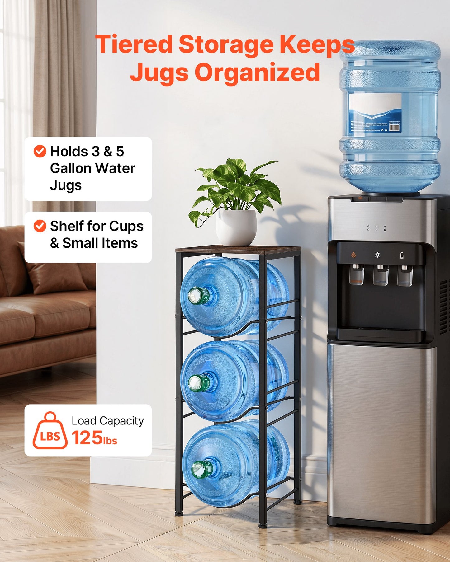 Water Jug Holder, 4 Tiers 11 L and 19 L Water Bottle Holder for 3 Bottles, Heavy Duty Jug Rack Organizer with Storage Shelf, Detachable for Kitchen, Office, Living Room, Black and Brown