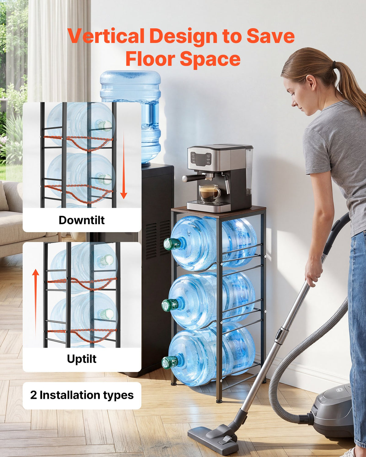 Water Jug Holder, 4 Tiers 11 L and 19 L Water Bottle Holder for 3 Bottles, Heavy Duty Jug Rack Organizer with Storage Shelf, Detachable for Kitchen, Office, Living Room, Black and Brown