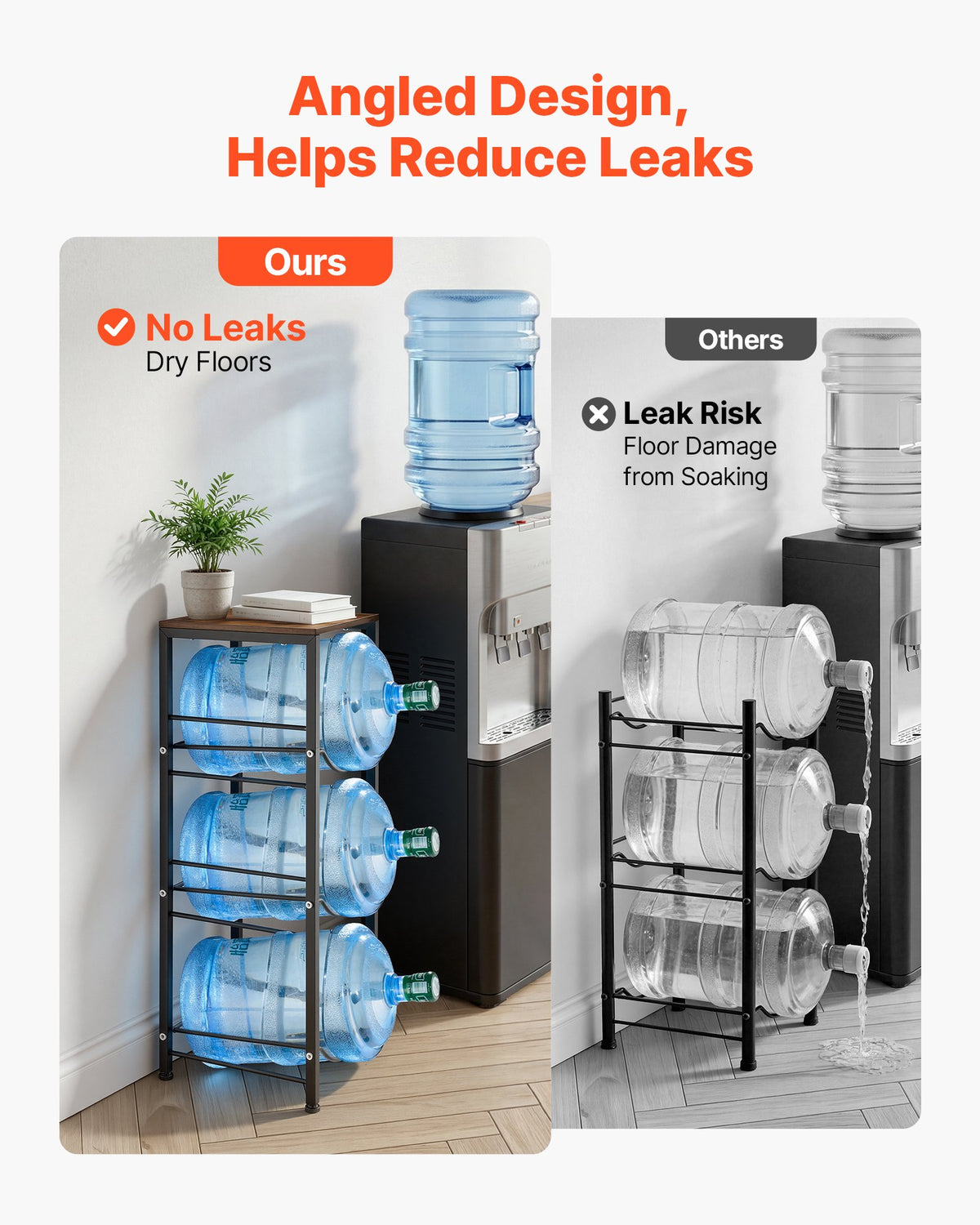 Water Jug Holder, 4 Tiers 11 L and 19 L Water Bottle Holder for 3 Bottles, Heavy Duty Jug Rack Organizer with Storage Shelf, Detachable for Kitchen, Office, Living Room, Black and Brown
