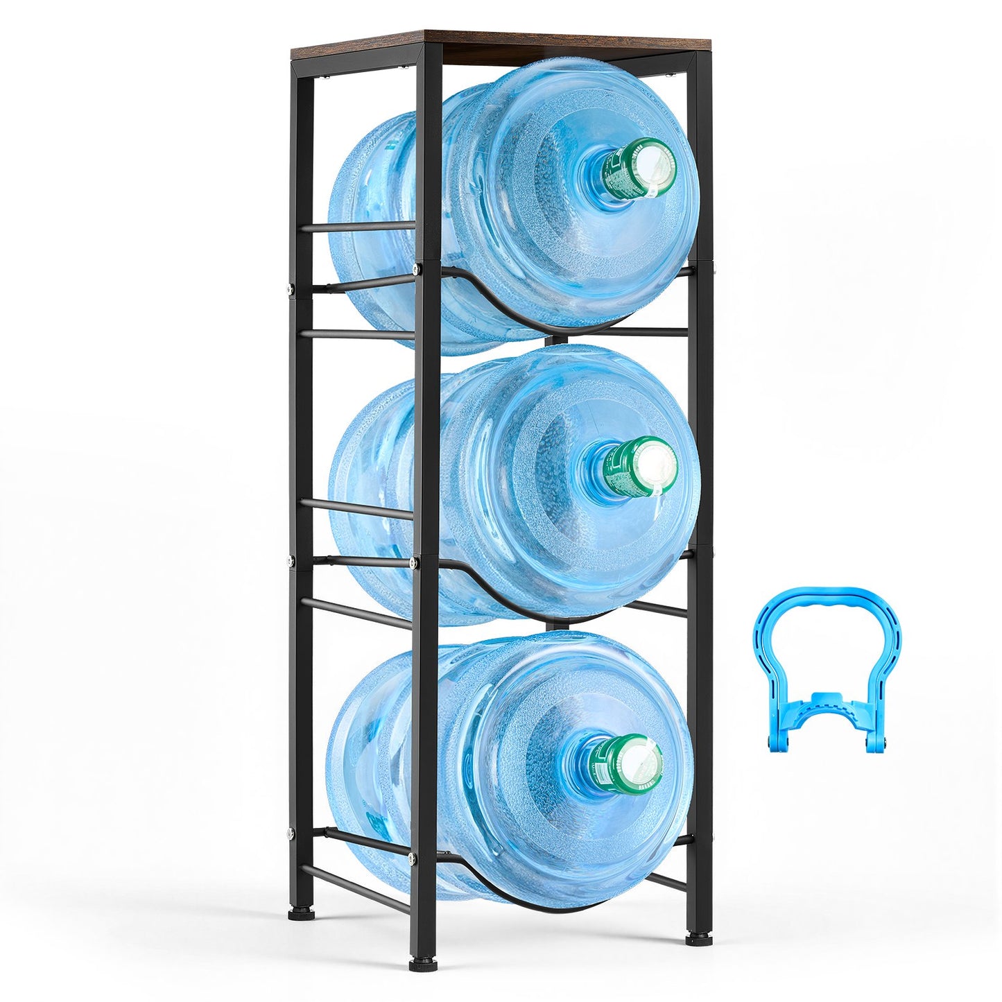 Water Jug Holder, 4 Tiers 11 L and 19 L Water Bottle Holder for 3 Bottles, Heavy Duty Jug Rack Organizer with Storage Shelf, Detachable for Kitchen, Office, Living Room, Black and Brown