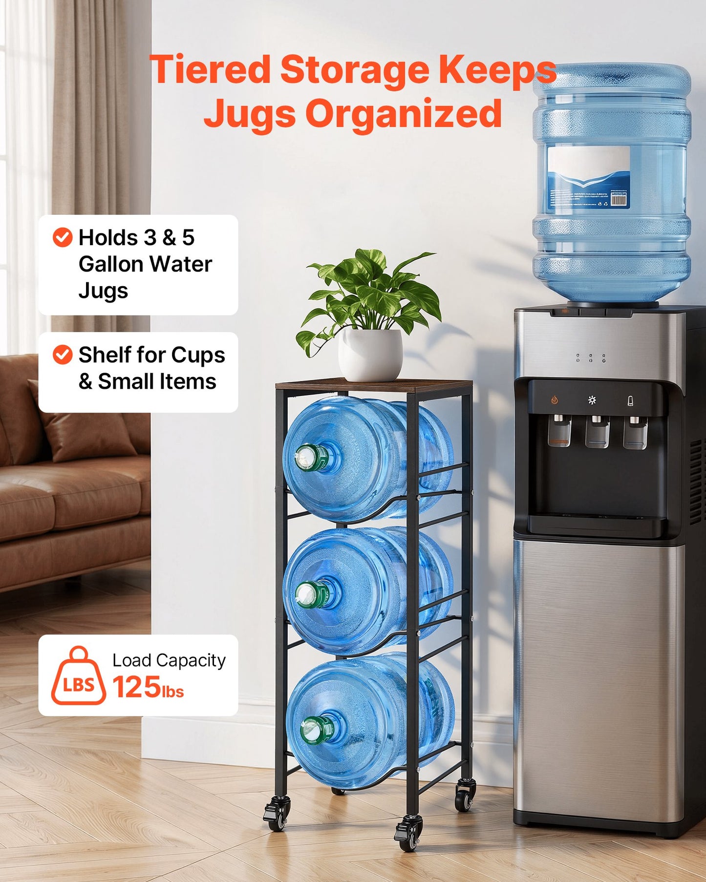 Water Jug Holder, 4 Tiers 11 L and 19 L Water Bottle Holder for 3 Bottles, Heavy Duty Jug Rack Organizer with Storage Shelf and Casters, for Kitchen, Office, Living Room, Black and Brown