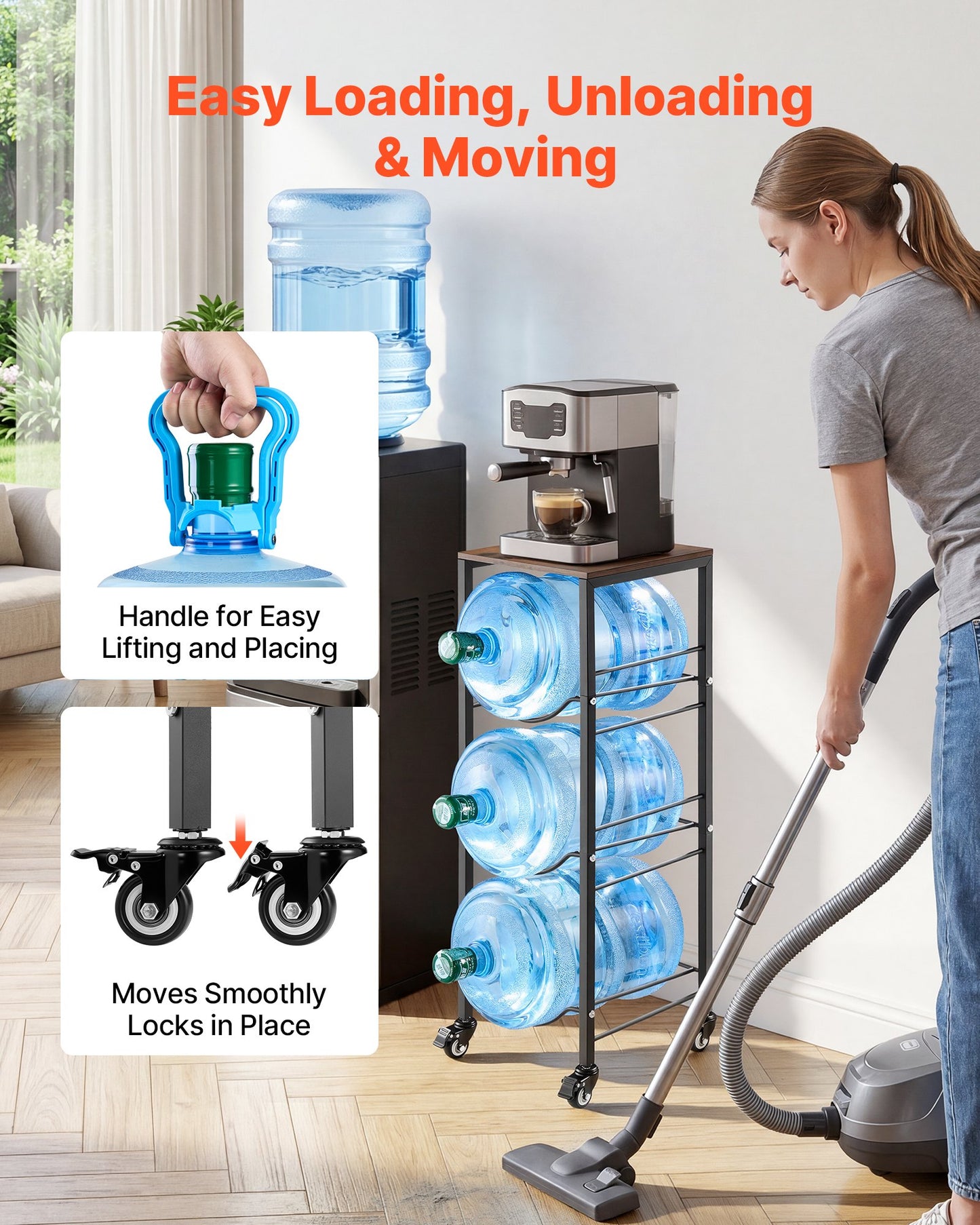 Water Jug Holder, 4 Tiers 11 L and 19 L Water Bottle Holder for 3 Bottles, Heavy Duty Jug Rack Organizer with Storage Shelf and Casters, for Kitchen, Office, Living Room, Black and Brown
