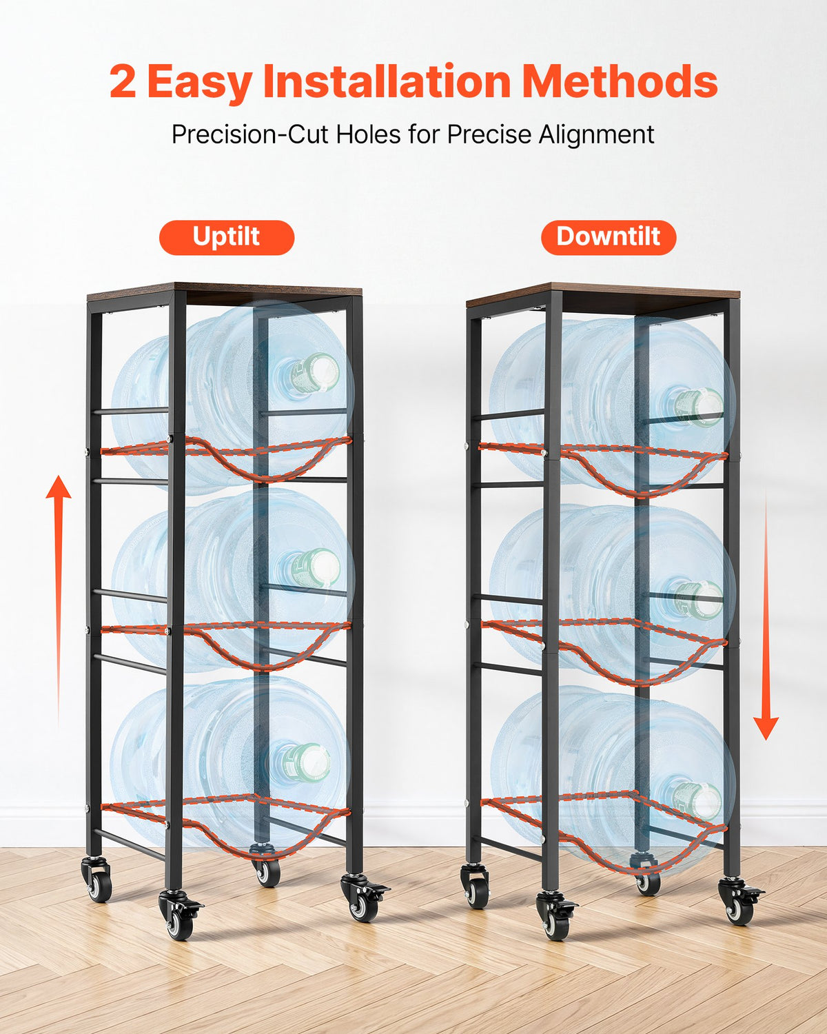 Water Jug Holder, 4 Tiers 11 L and 19 L Water Bottle Holder for 3 Bottles, Heavy Duty Jug Rack Organizer with Storage Shelf and Casters, for Kitchen, Office, Living Room, Black and Brown