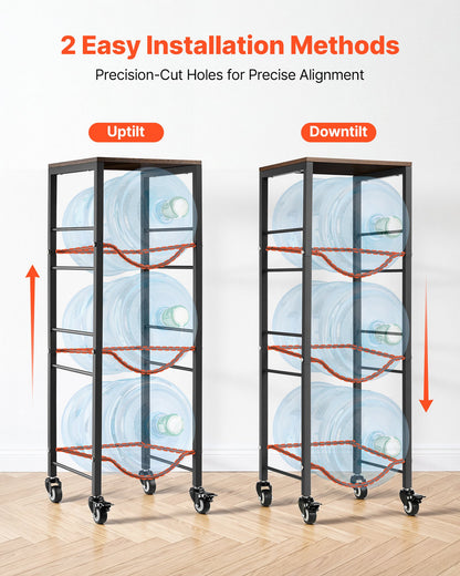 Water Jug Holder, 4 Tiers 11 L and 19 L Water Bottle Holder for 3 Bottles, Heavy Duty Jug Rack Organizer with Storage Shelf and Casters, for Kitchen, Office, Living Room, Black and Brown