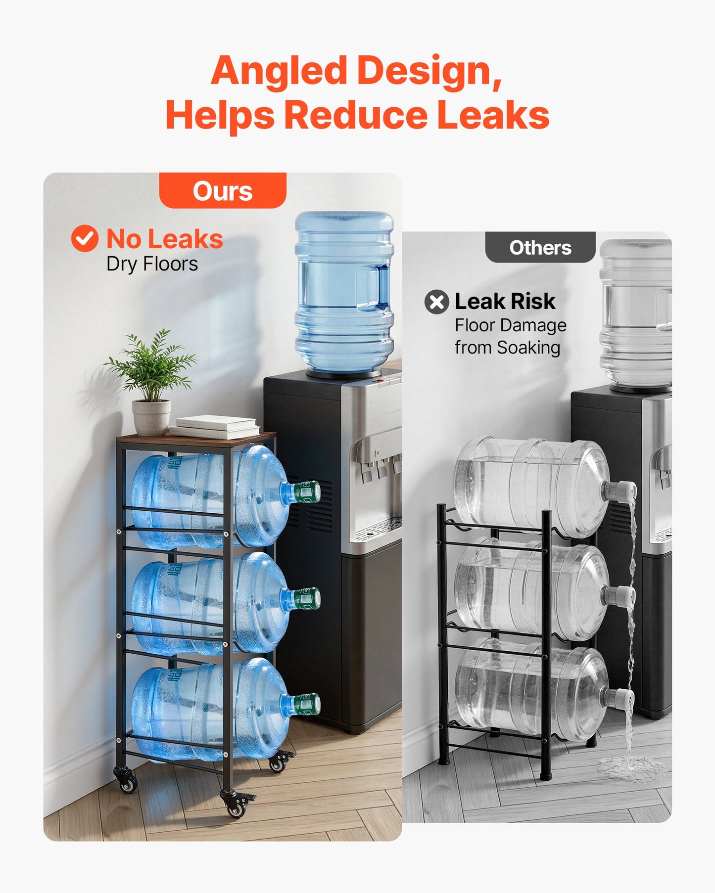 Water Jug Holder, 4 Tiers 11 L and 19 L Water Bottle Holder for 3 Bottles, Heavy Duty Jug Rack Organizer with Storage Shelf and Casters, for Kitchen, Office, Living Room, Black and Brown