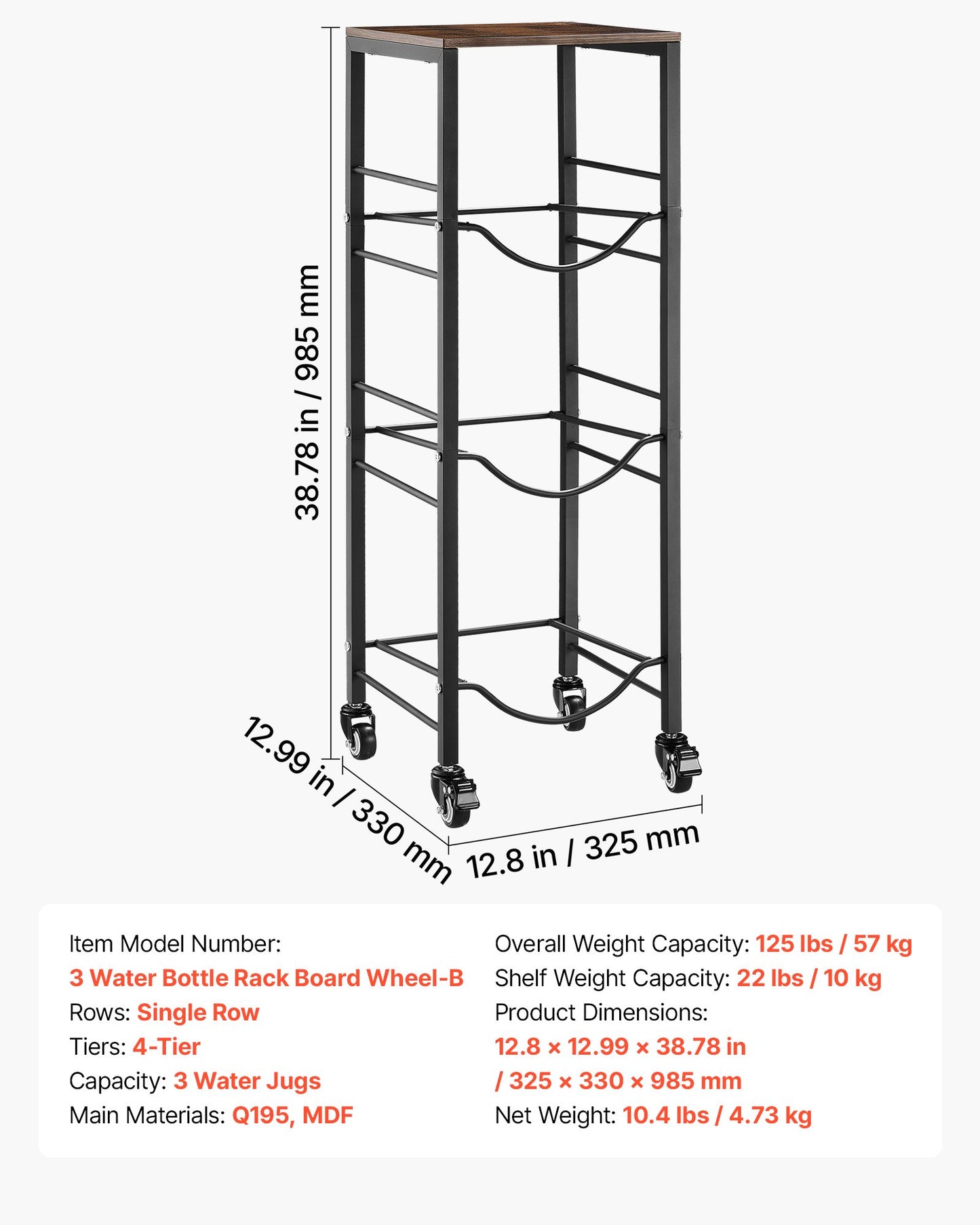 Water Jug Holder, 4 Tiers 11 L and 19 L Water Bottle Holder for 3 Bottles, Heavy Duty Jug Rack Organizer with Storage Shelf and Casters, for Kitchen, Office, Living Room, Black and Brown