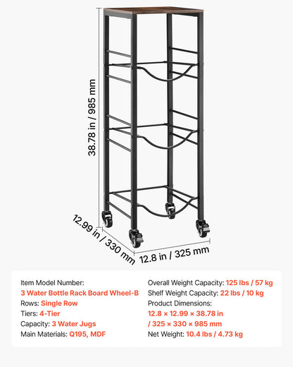Water Jug Holder, 4 Tiers 11 L and 19 L Water Bottle Holder for 3 Bottles, Heavy Duty Jug Rack Organizer with Storage Shelf and Casters, for Kitchen, Office, Living Room, Black and Brown