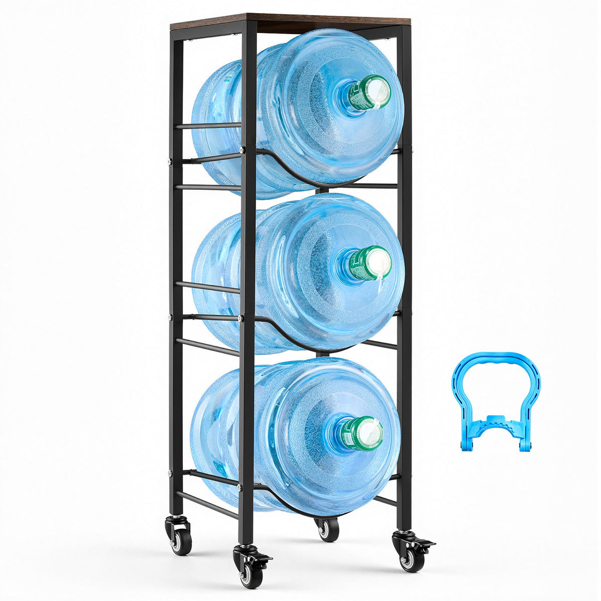 Water Jug Holder, 4 Tiers 11 L and 19 L Water Bottle Holder for 3 Bottles, Heavy Duty Jug Rack Organizer with Storage Shelf and Casters, for Kitchen, Office, Living Room, Black and Brown