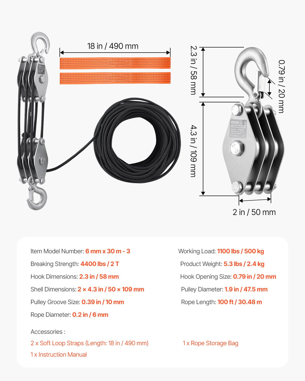 VEVOR 30.5 m Rope Hoist Pulley Wheel Block and Tackle Puller 5:1 Ratio 4400 lbs