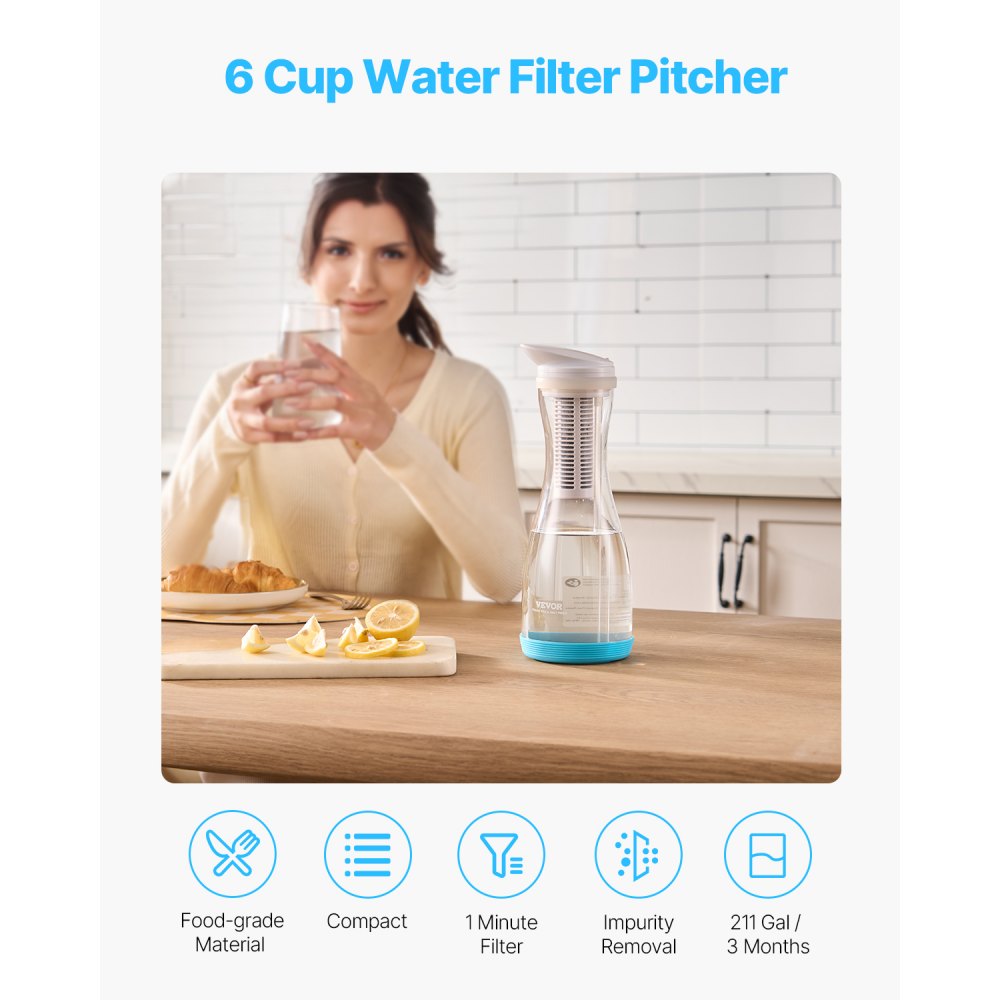 VEVOR Water Filter Pitcher 6 Cup Glass Water Filtration Pitcher 211 Gallons