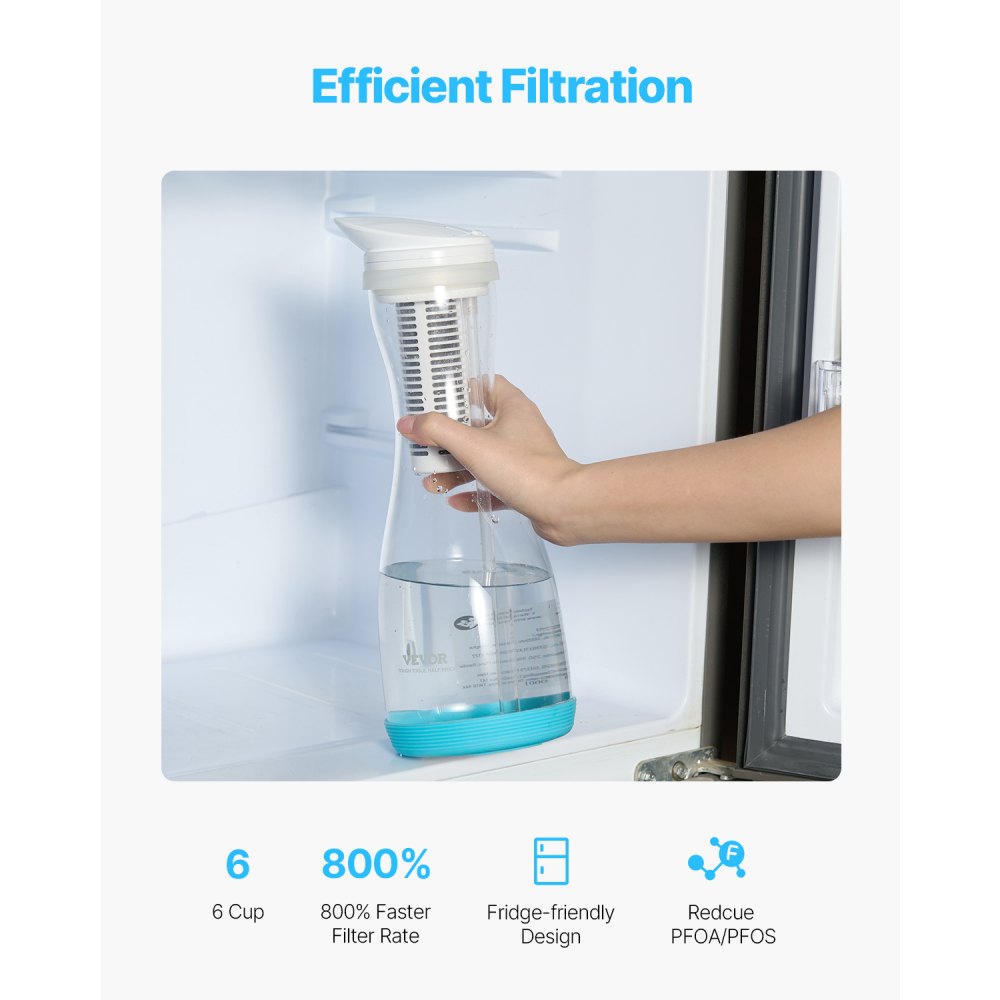 VEVOR Water Filter Pitcher 6 Cup Glass Water Filtration Pitcher 211 Gallons