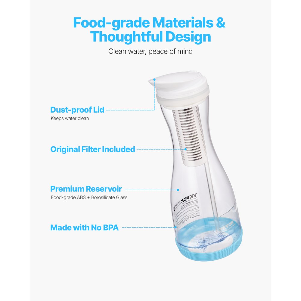 VEVOR Water Filter Pitcher 6 Cup Glass Water Filtration Pitcher 211 Gallons