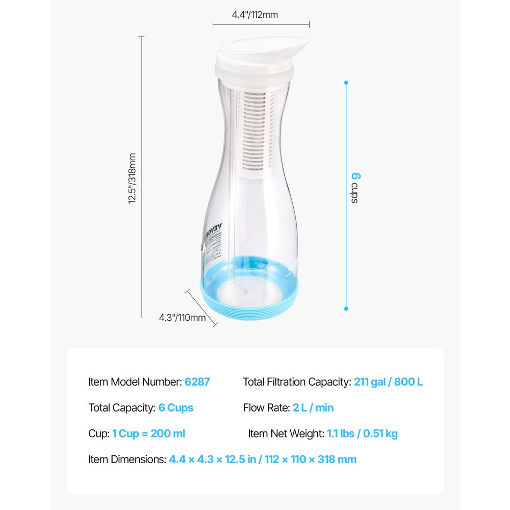 VEVOR Water Filter Pitcher 6 Cup Glass Water Filtration Pitcher 211 Gallons