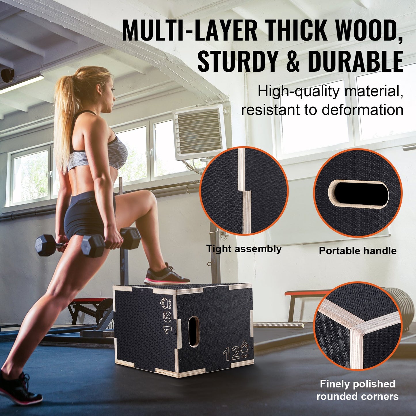 VEVOR 3 in 1 Plyometric Jump Box, 16/14/12 Inch Wooden Plyo Box, Platform & Jumping