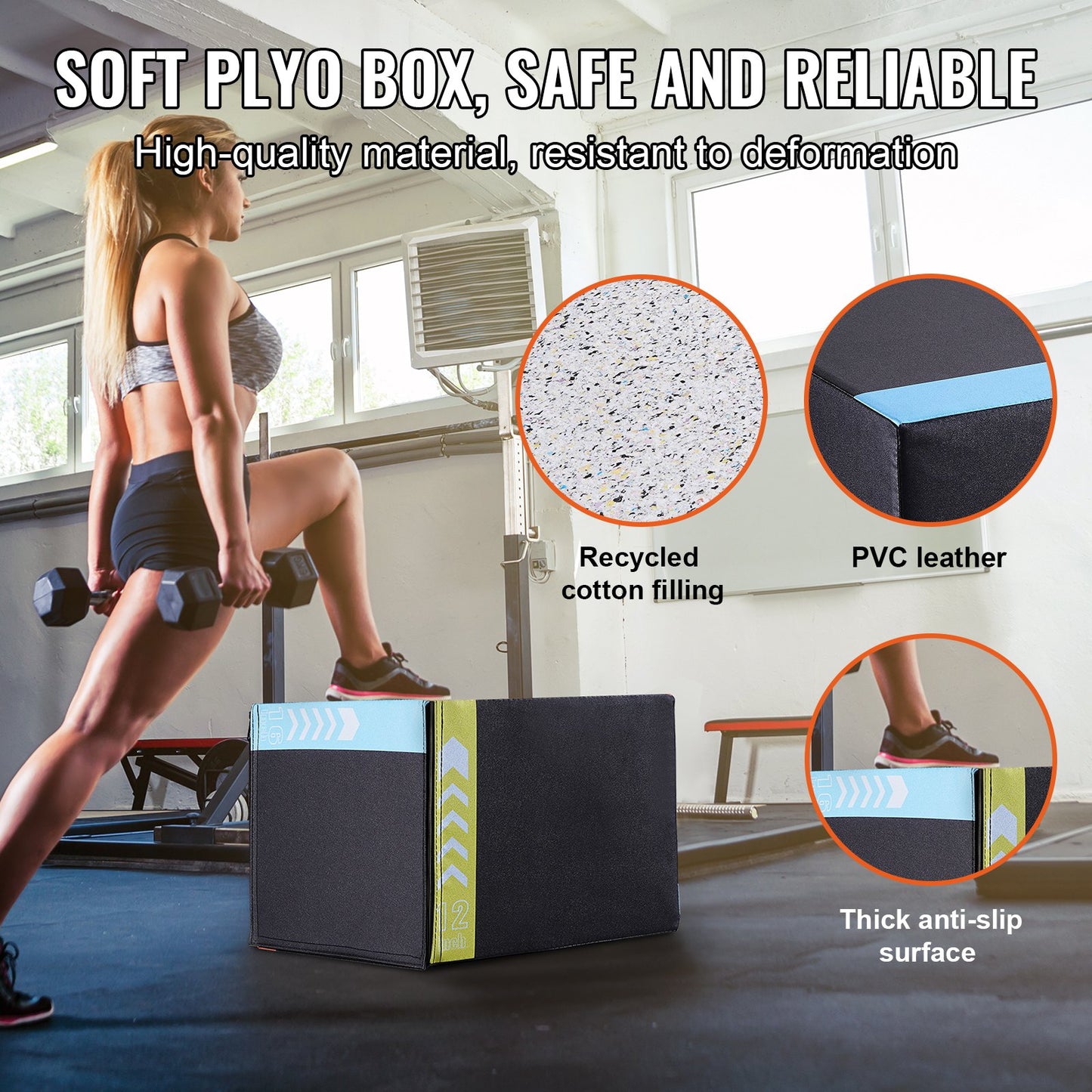 VEVOR 3 in 1 Plyometric Jump Box, 16/14/12 Inch Cotton Plyo Box, Platform & Jumping