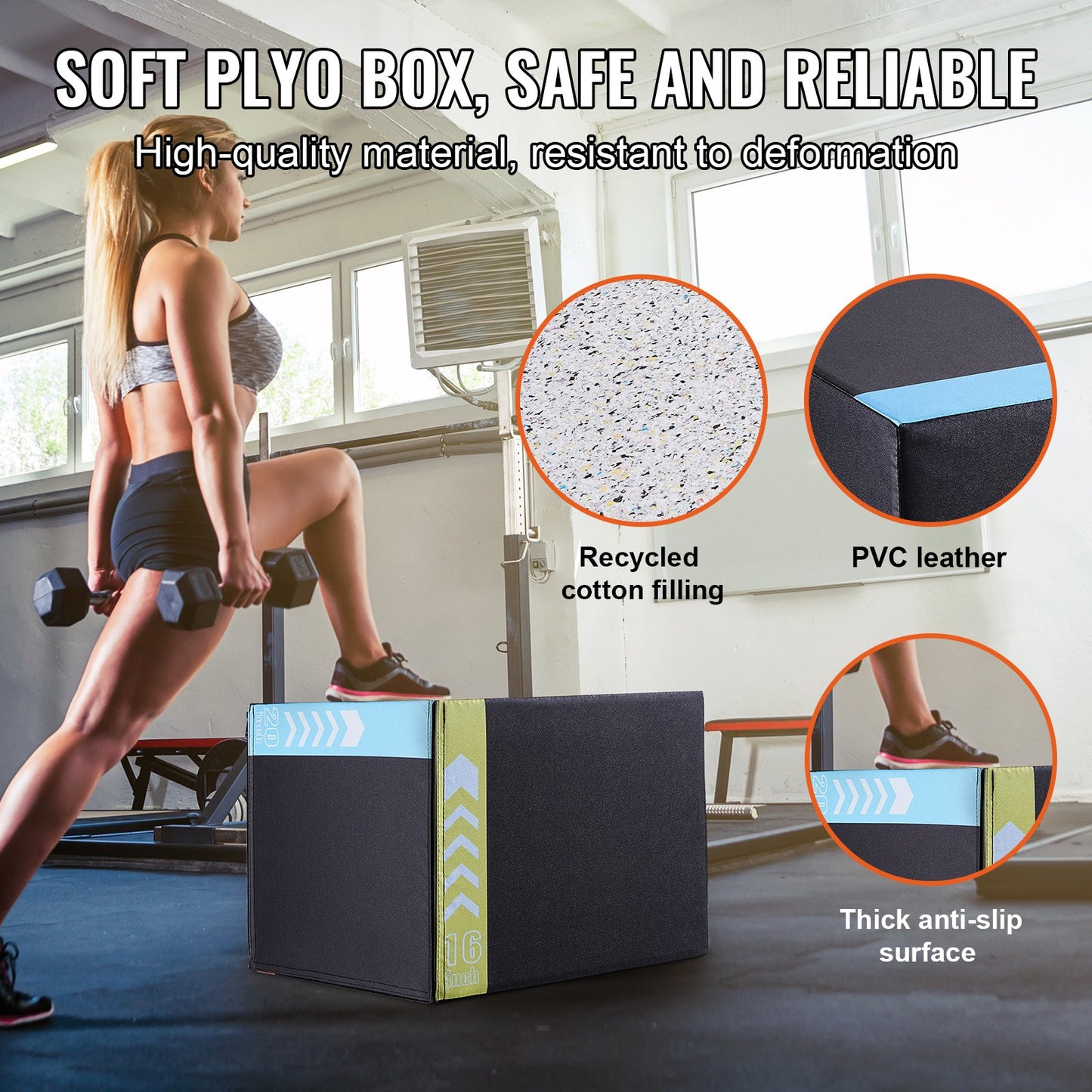 VEVOR 3 in 1 Plyometric Jump Box, 20/18/16 Inch Cotton Plyo Box, Platform & Jumping