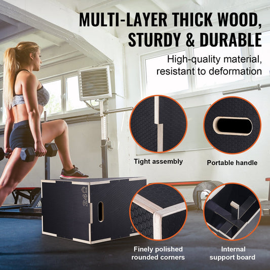 3 in 1 Wooden Plyometric Box, Adjustable Height for Home Gym, 204 kg Capacity