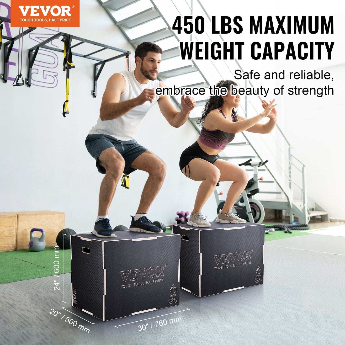 3-in-1 Wooden Plyometric Box, Adjustable Heights, 204 kg Capacity, Black