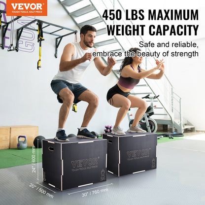 3-in-1 Wooden Plyometric Box, Adjustable Heights, 204 kg Capacity, Black